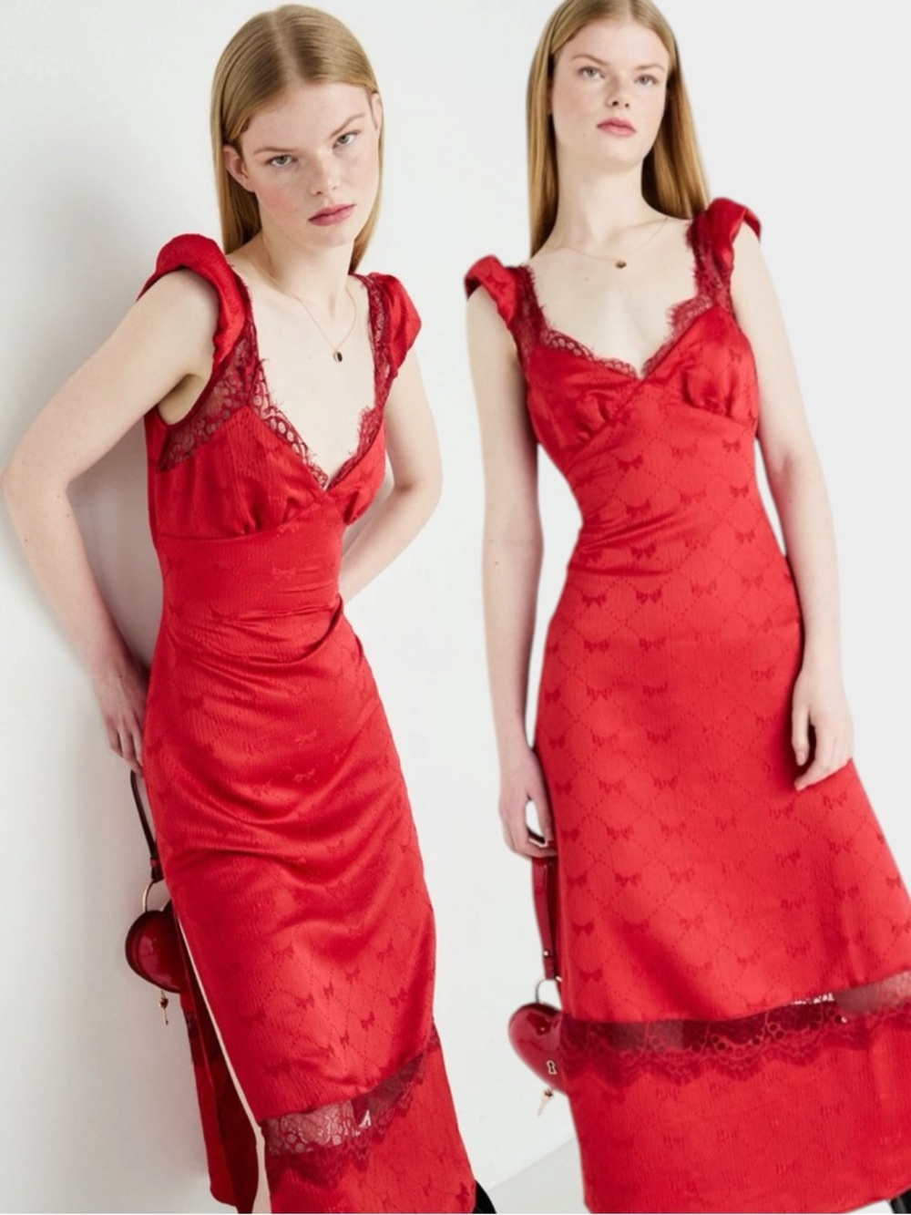 Free People Foolish Heart Midi Dress in Red Dahlia Combo Small Dainty Lace Bow